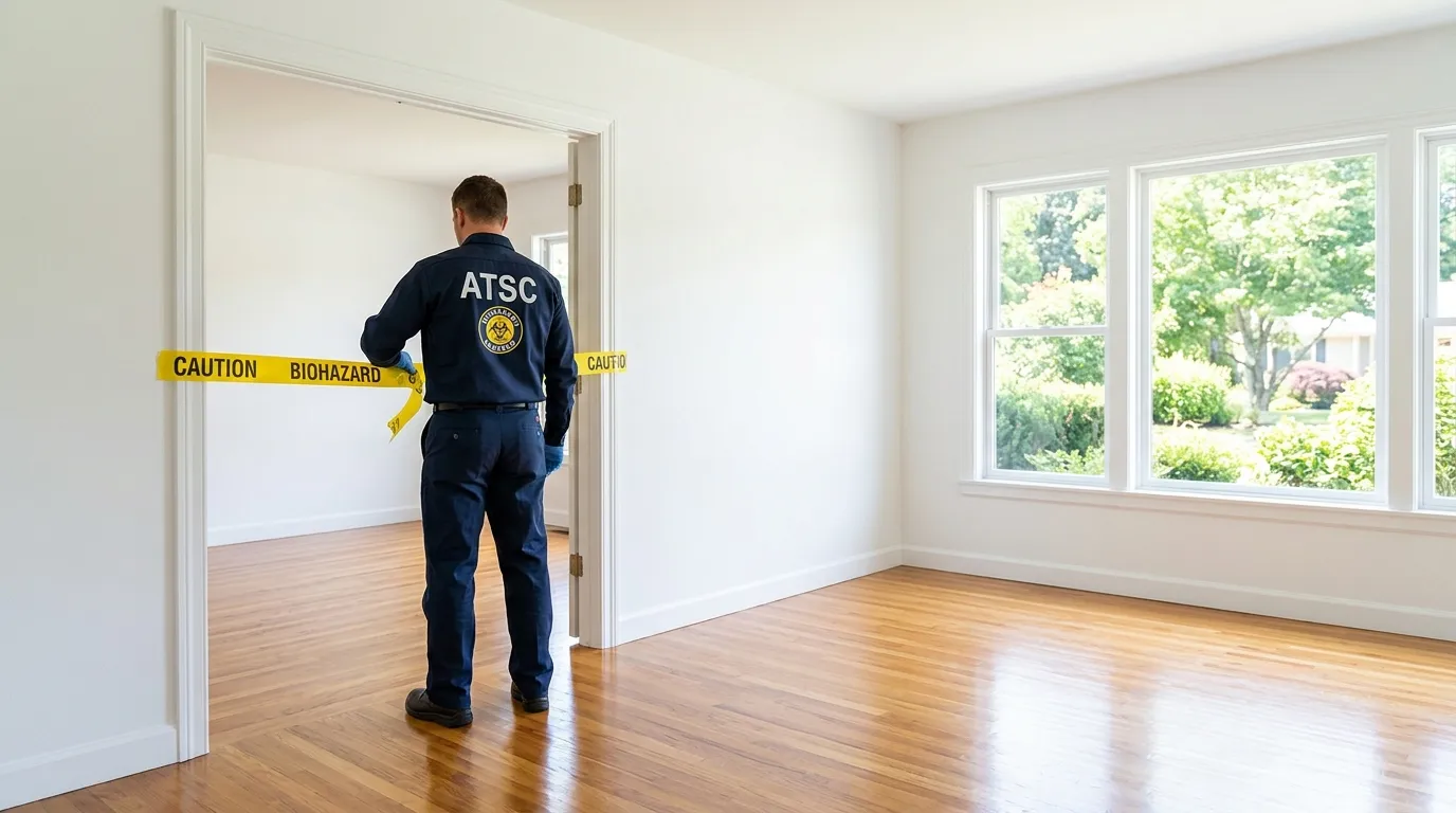 Certified biohazard cleanup crew performing Trauma Scene Cleanup in Ryers